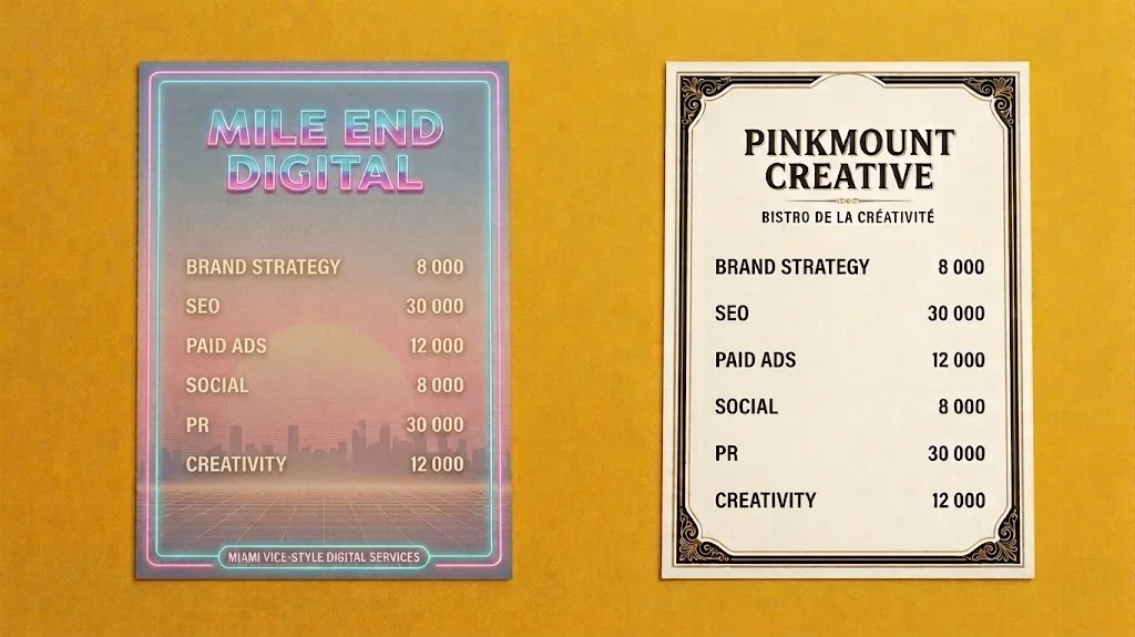 Two fictional agency menus side by side showing identical service line items and prices