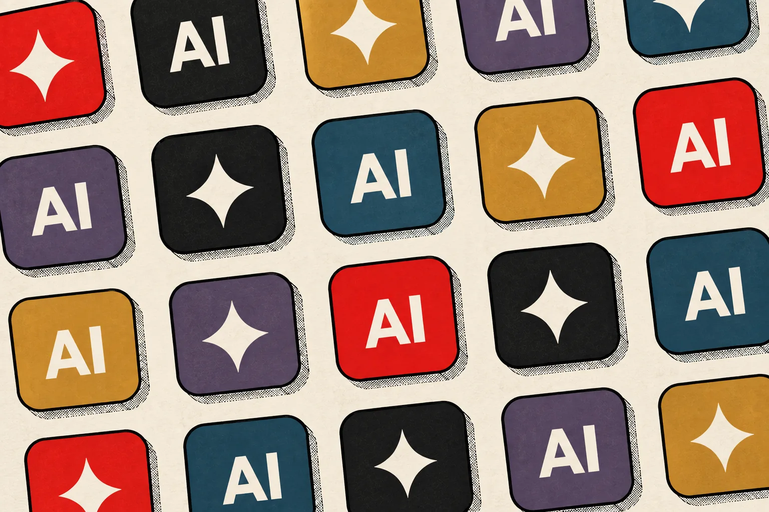 A grid of colorful app icons, each showing either the letters AI or a four-pointed sparkle