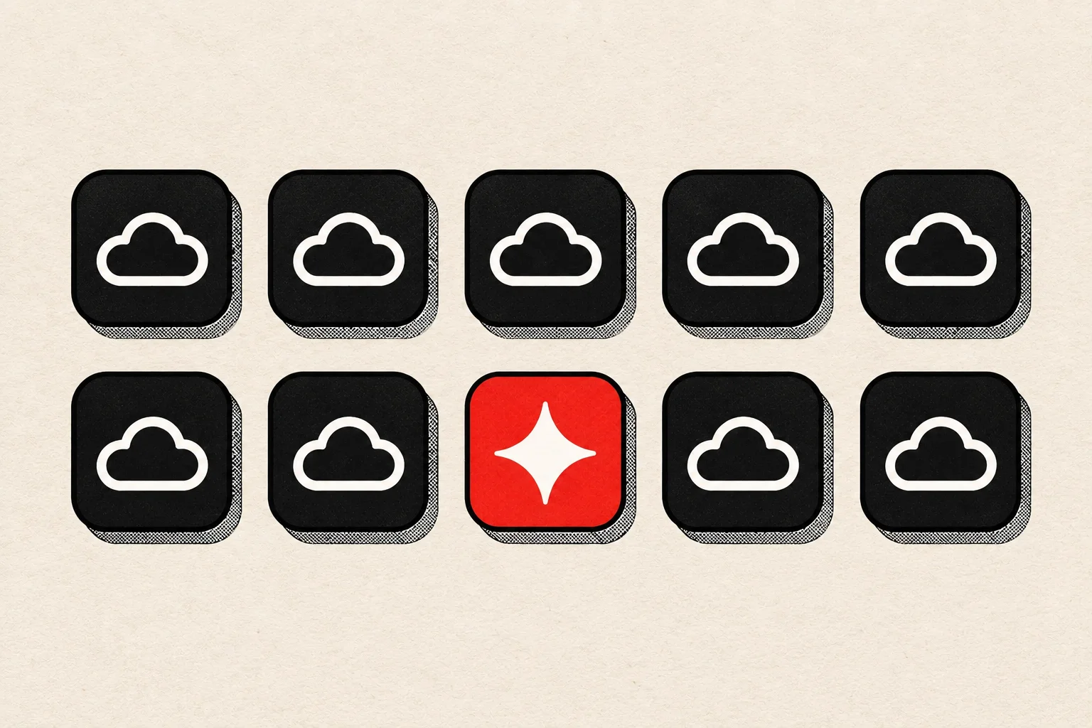A grid of dark app icons with cloud symbols and one red icon with a four-pointed star standing out