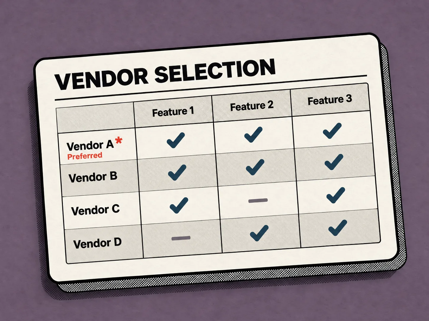 A vendor selection table where four vendors tick most of the same feature boxes, and Vendor A is already marked as preferred