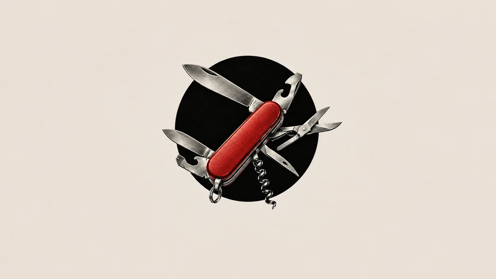 A red pocketknife with every blade and tool folded out, on a black circle