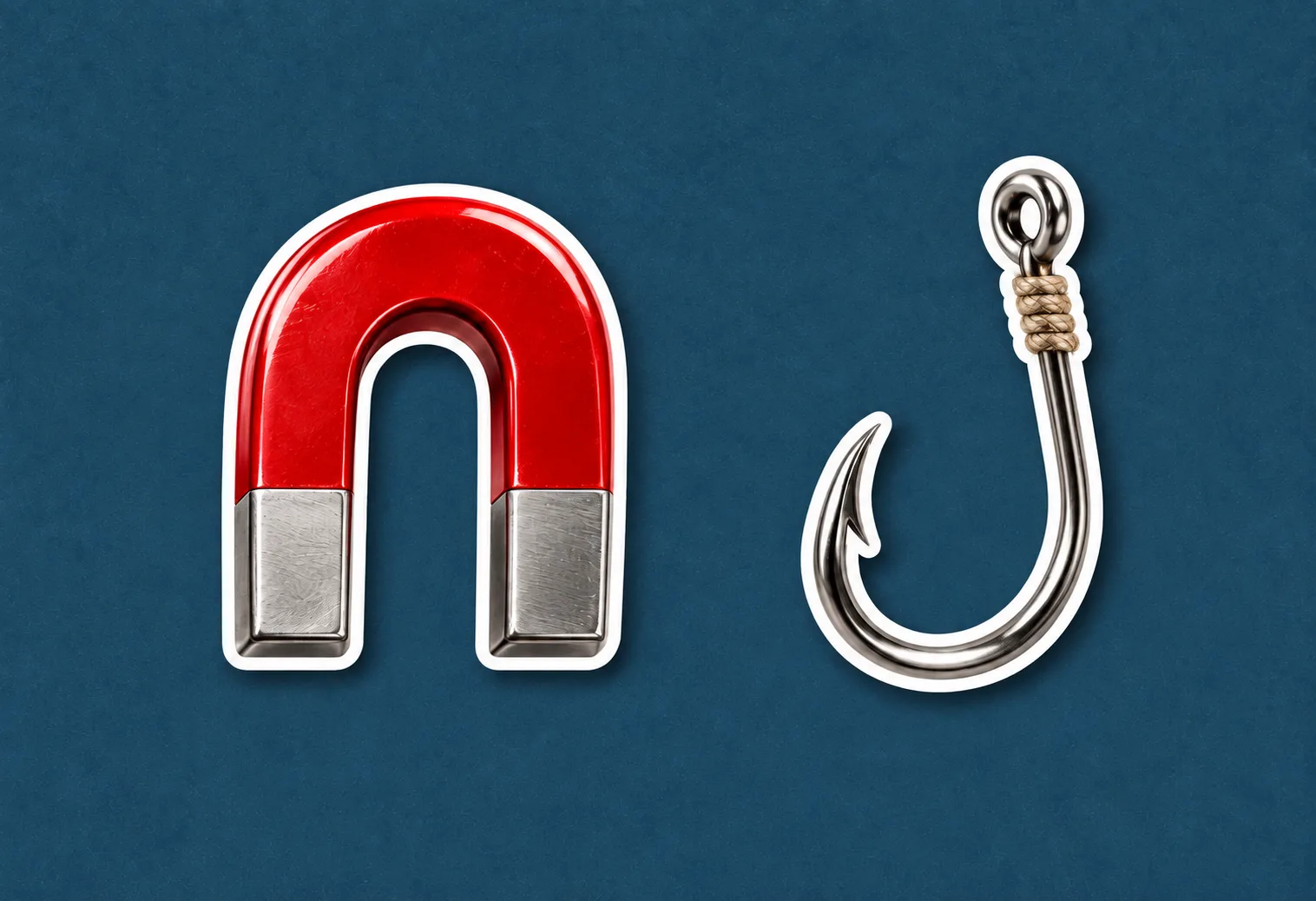 A red horseshoe magnet next to a steel fishing hook on a blue background
