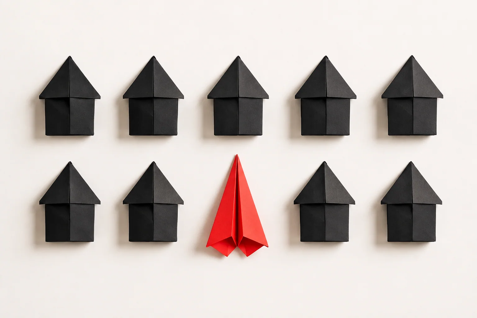 A red paper plane standing apart from a row of dark folded paper