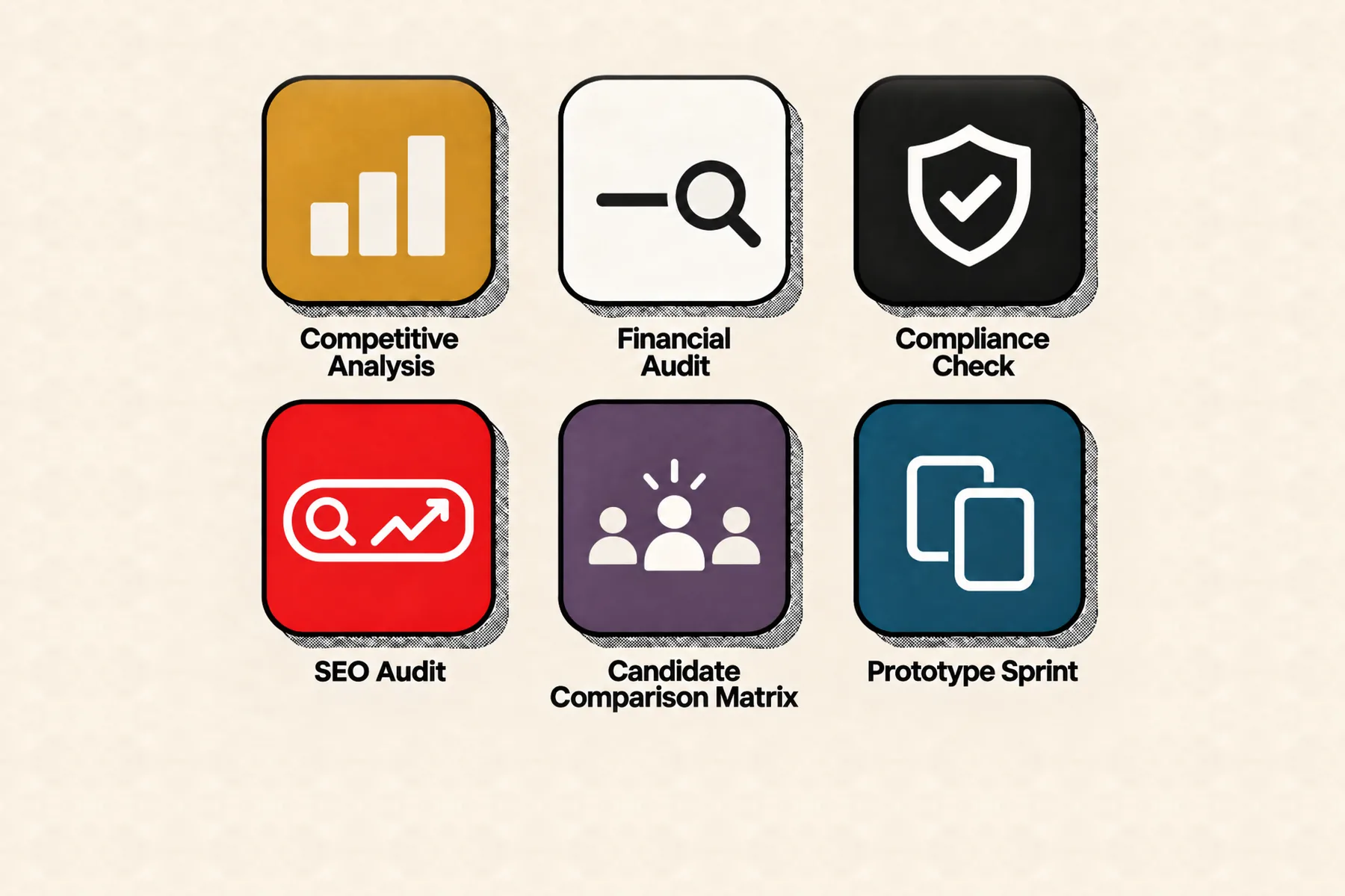 Six app icons, each standing for a productized service: competitive analysis, financial audit, compliance check, SEO audit, candidate comparison matrix and prototype sprint